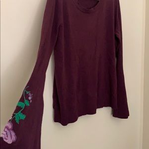 Purple bell sleeve sweater with floral embroidery